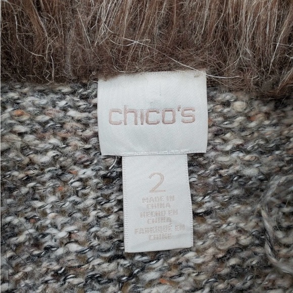 CHICOS Sweater Vest Faux Fur Fringe Collar Womens 2/L/12 Tan Brown Gray Cotton - Picture 3 of 9